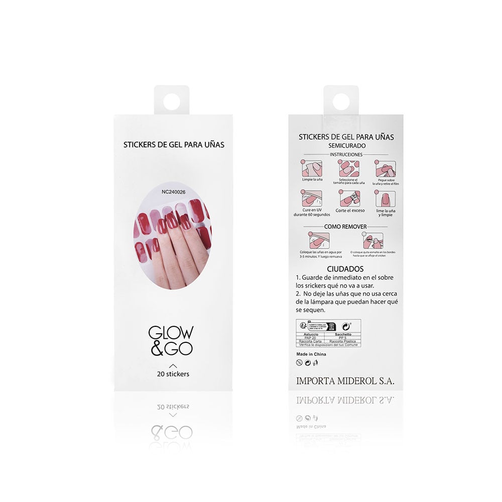 Uñas Postizas Adhesivas en Gel Glow & Go para Lámpara UV Bordo