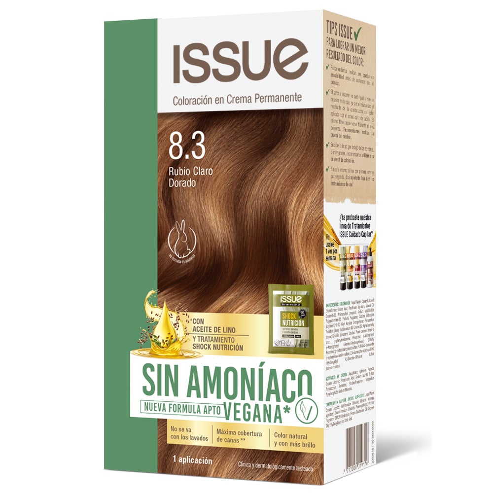 Kit Tinta Issue sín Amoníaco N°8.3 Rubio Claro Dorado