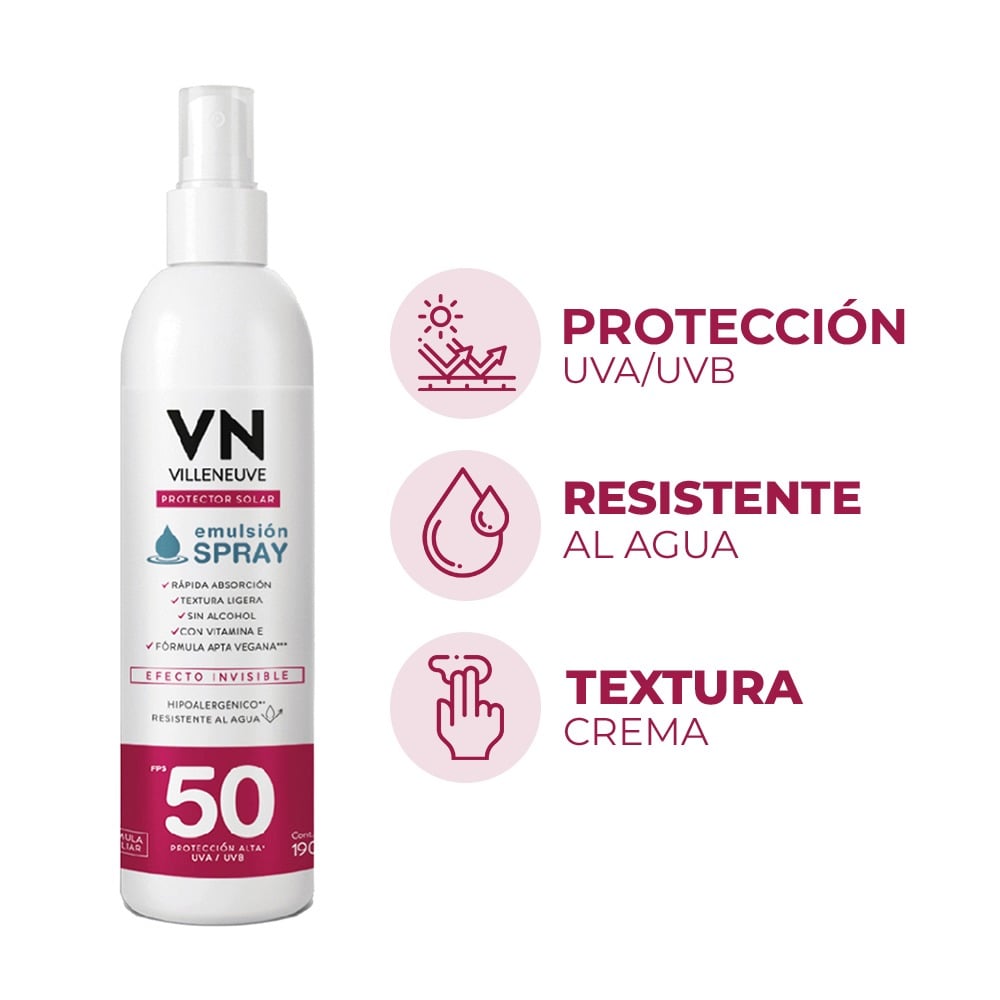 Protector Solar Villeneuve Emulsión FPS50 Spray 190 m l