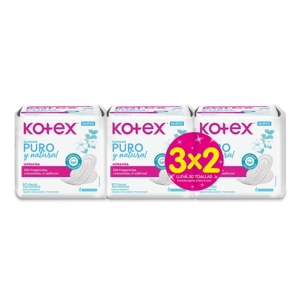 Toallitas Femeninas Kotex Ultra Puro y Natural 3 Unidades