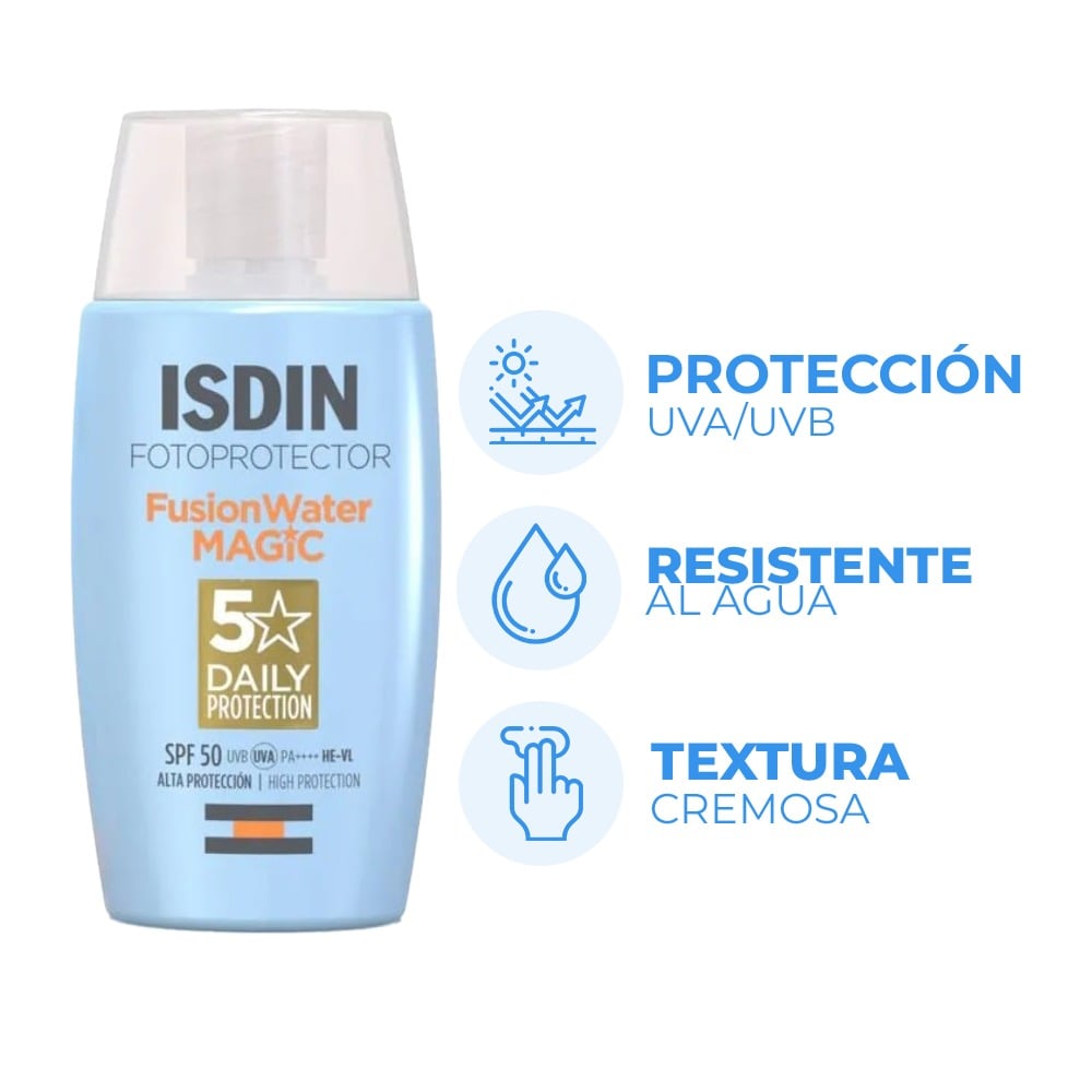 Protector solar facial Isdin Fusion Water Magic FPS50 de 50ml con textura al agua.