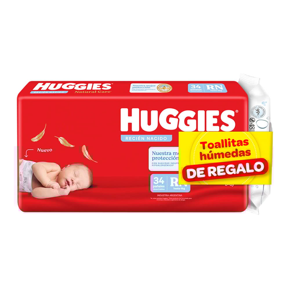 Pañales Huggies Natural Care Recién Nacido 34 Unidades + Toallitas de Regalo