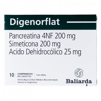 Digenorflat Pancreatina 4 NF 200 mg / Simeticona 200 mg / Acido dehidrocólico 25 mg 10 Comprimidos Recubiertos