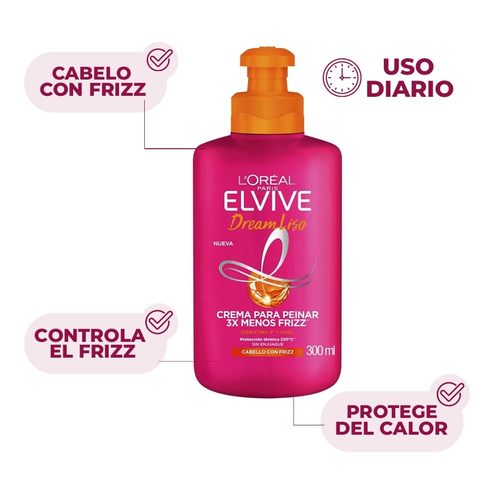 Botella rosa de crema para peinar L'Oréal Elvive Dream Liso para cabello con frizz.