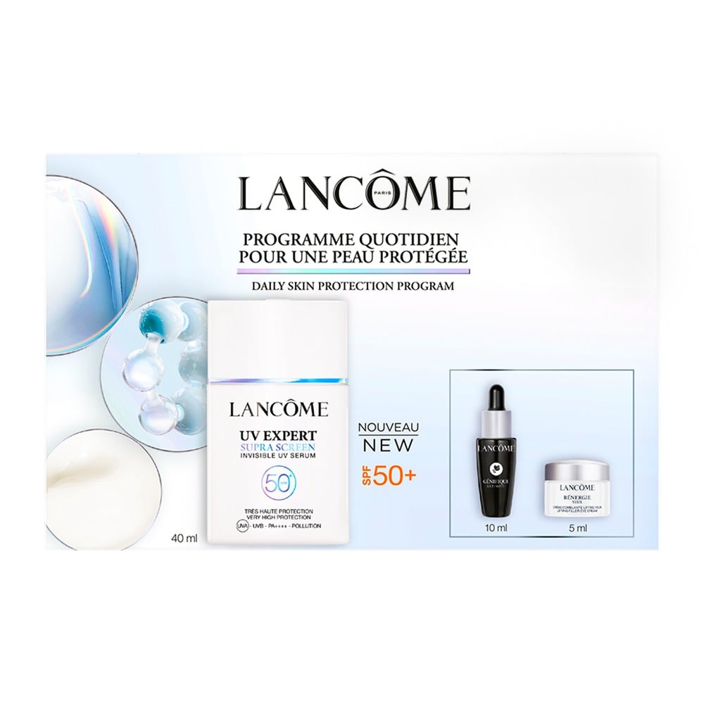 Cofre Lancôme Protector Solar UV Expert SPF50+ 40 ml + Sérum Génifique Ultimate 10 ml + Contorno de Ojos Rénergie 5 ml