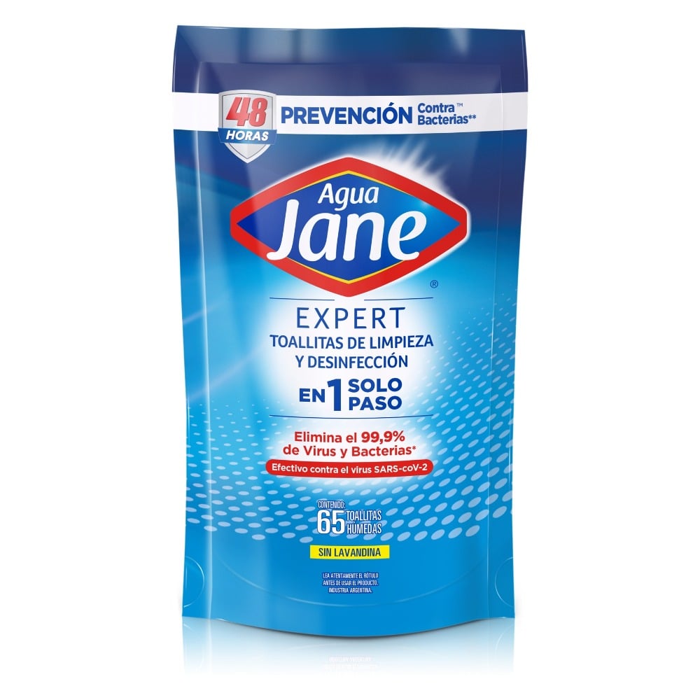 Toallitas de Limpieza Agua Jane Expert sin Lavandina 65 Unidades 