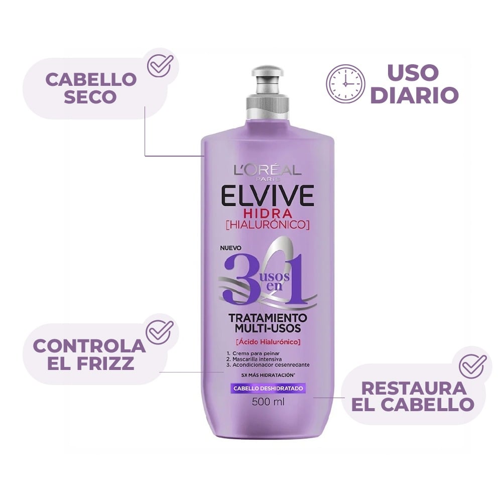 Crema para Peinar Elvive Hidra Hialurónico 3 en 1 500 ml 
