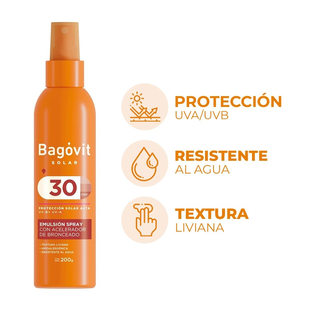 Protector Solar Bagovit con Acelerador de Bronceado Spray FPS30 200 g 