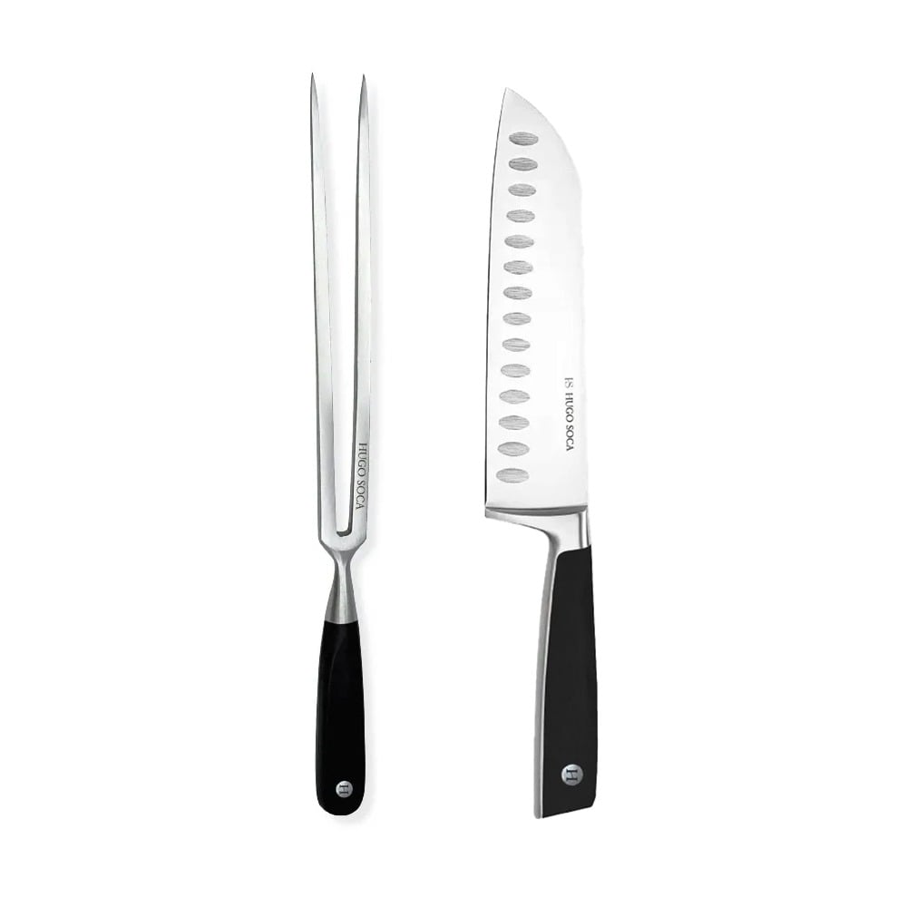 Combo Hugo Soca Tenedor Trinchante y Cuchillo Santoku Grande