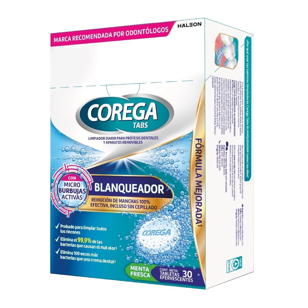 Tabletas Limpiadoras Corega Blanqueadoras con Microburbujas Activas 30 Unidades