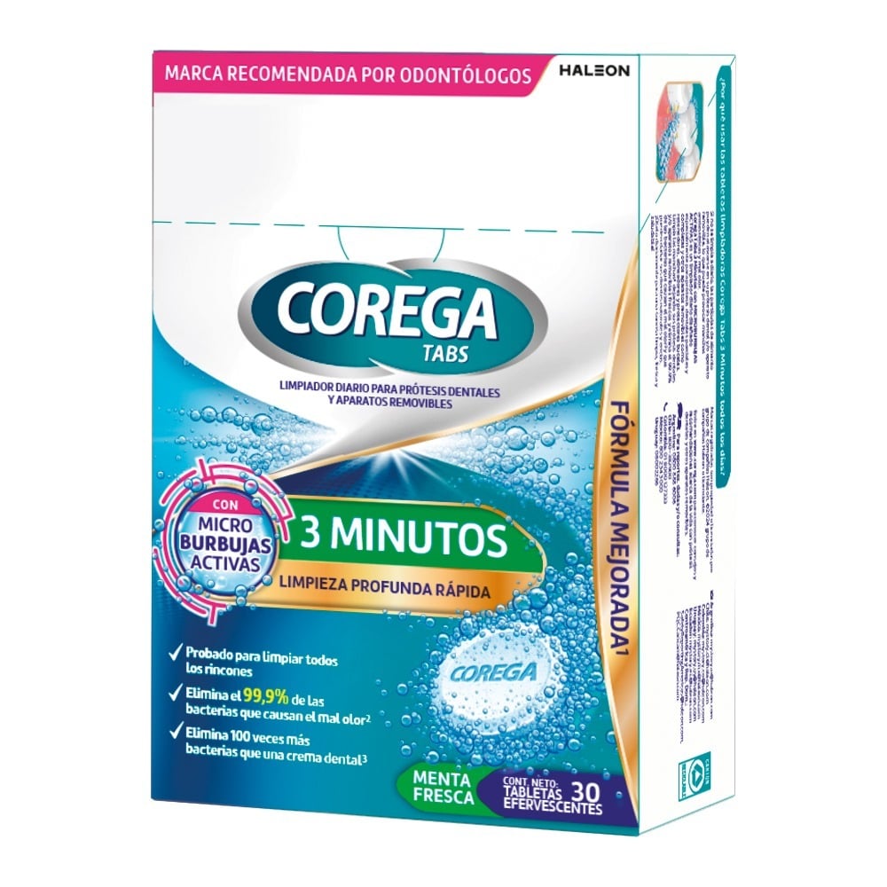 Tabletas Limpiadoras Corega 3 Minutos con Microburbujas Activas 30 Unidades
