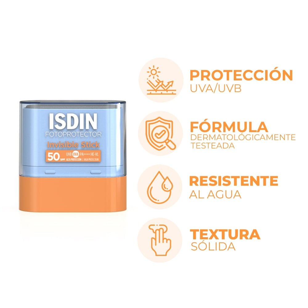 Protector solar facial Isdin Invisible Stick FPS50 en barra de 10g.