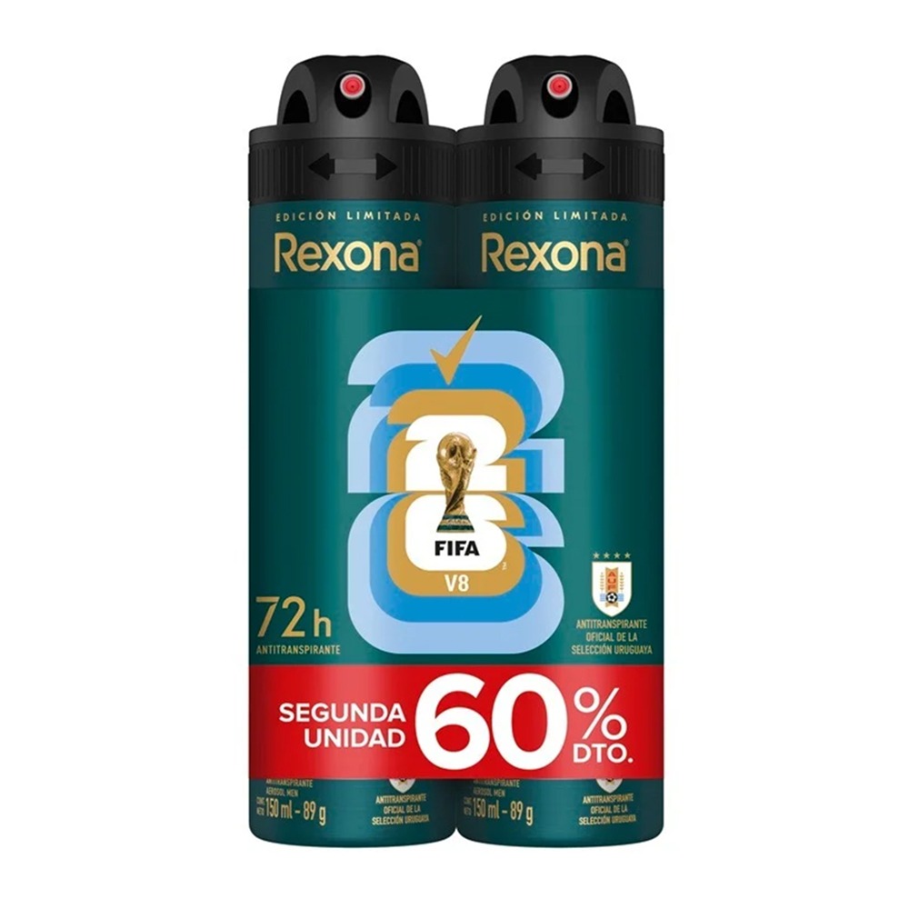 Pack Antitranspirante en Aerosol Rexona Men V8 FIFA Edición Limitada 150 ml 2 Unidades