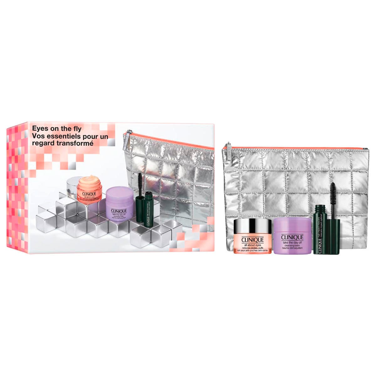 Cofre Clinique On The Fly Gel Crema All About Eyes 15 ml + Máscara de Pestañas + Bálsamo Limpiador 15 ml