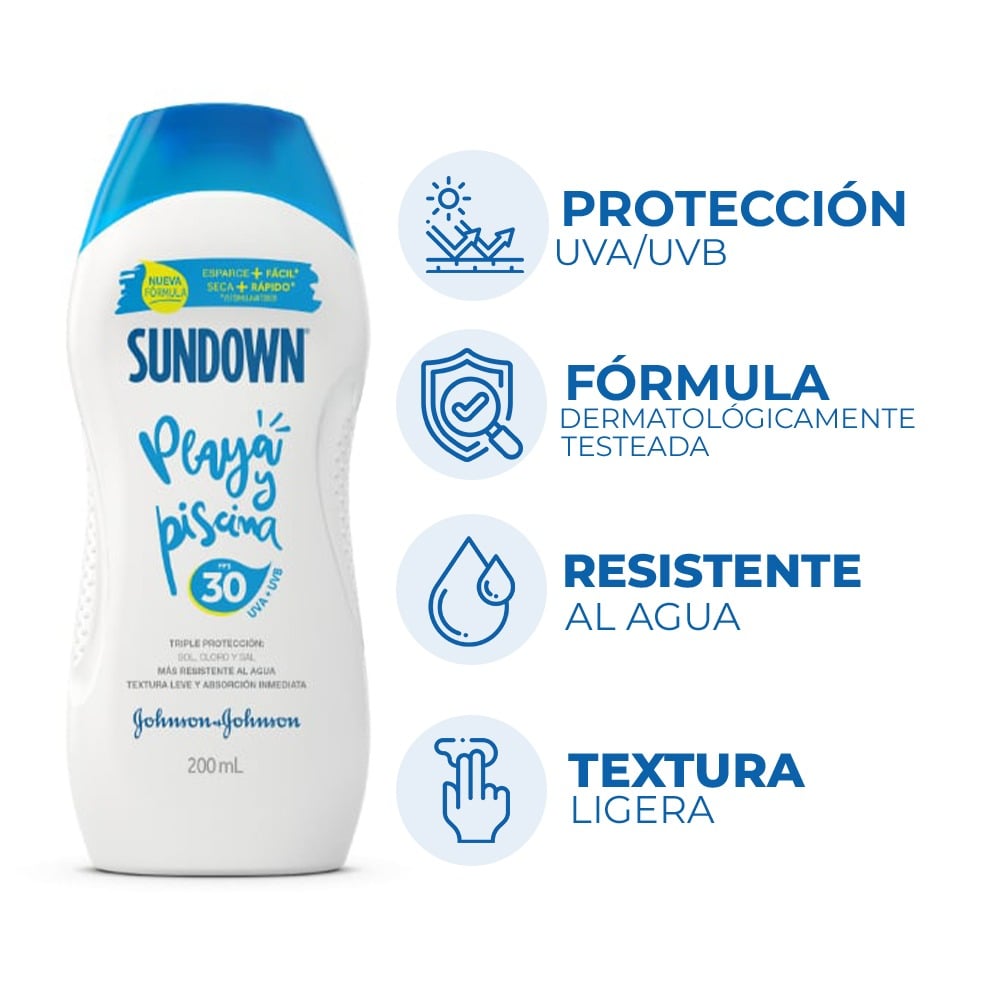 Sundown Loción Protector Solar FPS 30 200ml. Tubo de protector solar blanco, ideal para uso diario y familiar.