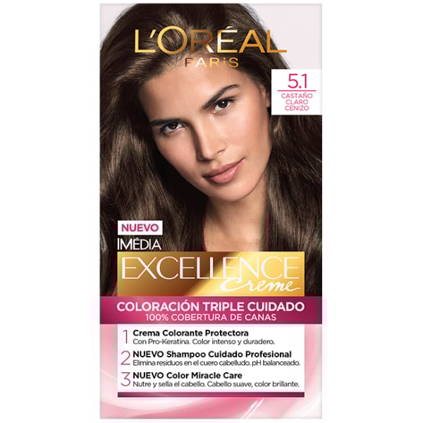 TINTURA PERMANENTE EXCELLENCE CREME DE L'ORÉAL PARÍS 5.1 CASTAÑO CLARO CENIZA X 47 GR