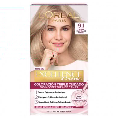TINTURA PERMANENTE EXCELLENCE CREME DE L'ORÉAL PARÍS 9.1 RUBIO MUY CLARO CENIZA X 47 GR