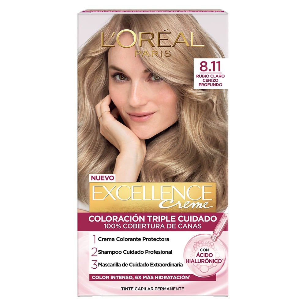 Tinta L'Oréal Paris Excellence Creme N°8.11 Rubio Claro Ceniza Profundo