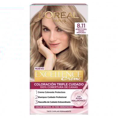 Tinta L'Oréal Paris Excellence Creme N°8.11 Rubio Claro Ceniza Profundo