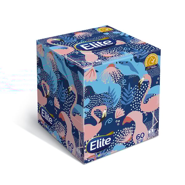 Caja de pañuelos faciales Elite Premium en formato cubo con diseño decorativo.