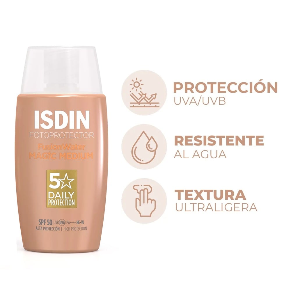 Protector solar facial Isdin Fusion Water Color FPS50 de 50ml con cobertura natural.
