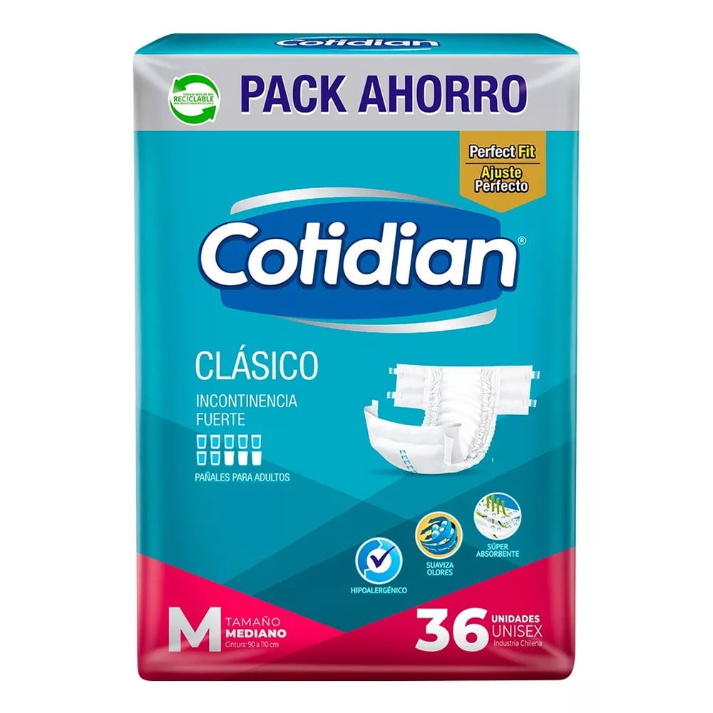 Pack ahorro de 36 pañales para adultos Cotidian Clásico talle Mediano.