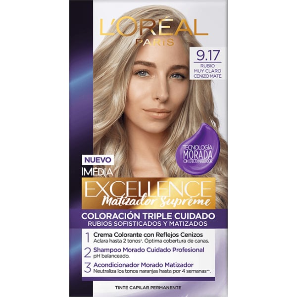 Tinta L'Oréal Paris Excellence Matizador Supreme N°9.17 rubio Muy Claro Cenizo Mate