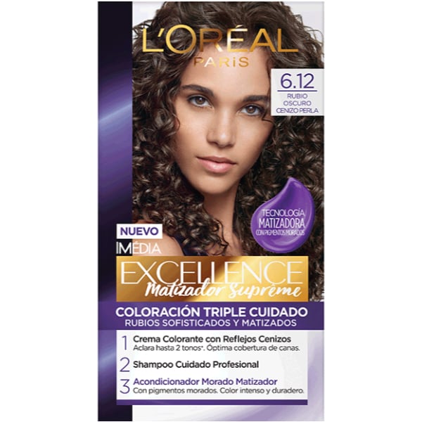 Tinta L'Oréal Paris Excellence Matizador Supreme N°6.12 Rubio Oscuro Cenizo Perla
