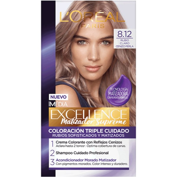 Tinta L'Oréal Paris Excellence Matizador Supreme N°8.12 rubio Claro Cenizo Perla