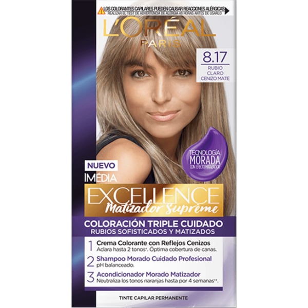 Tinta L'Oréal Paris Excellence Matizador Supreme N°8.17 Rubio Claro Cenizo Mate