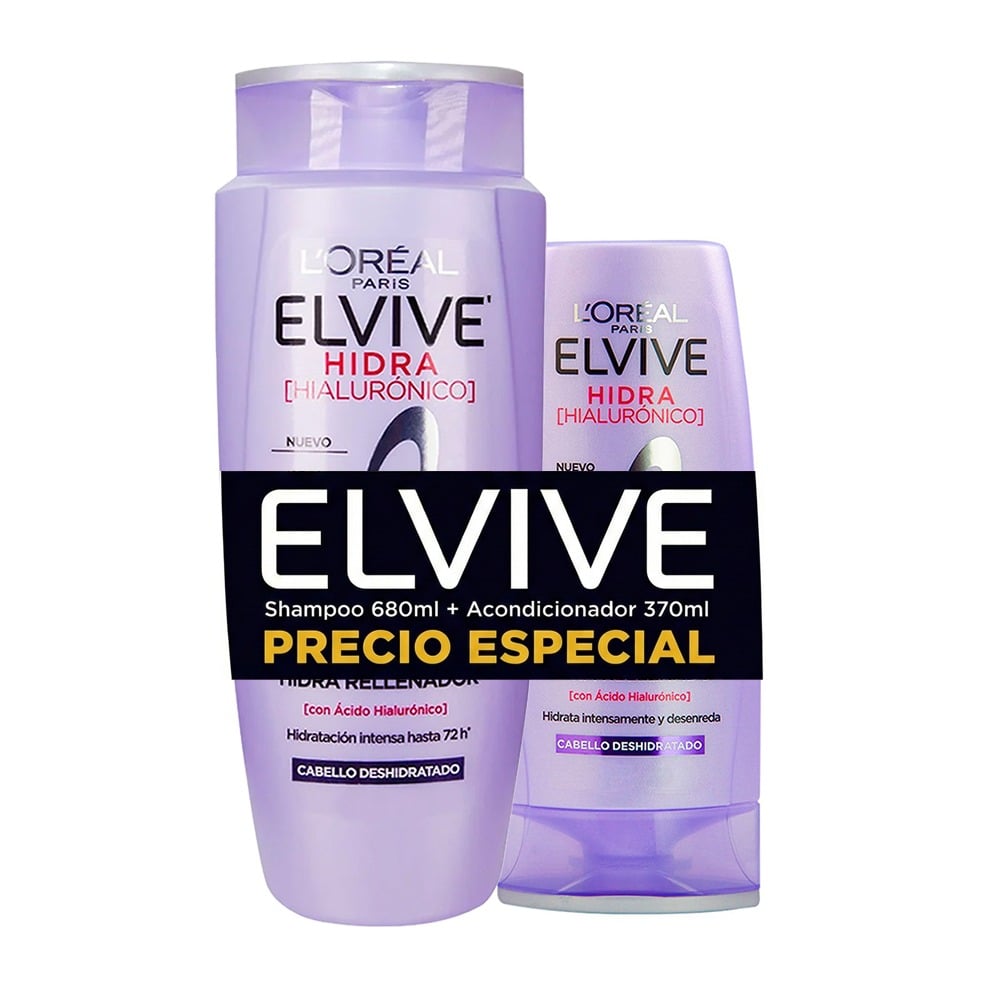 Pack Shampoo Elvive Hidra Rellenador con ácido Hialurónico 680 ml + Acondicionador 370 ml