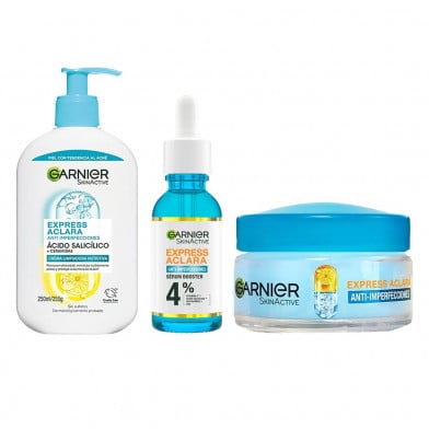 Combo Garnier Express Aclara Crema Limpiadora, Crema Matificante y Sérum Antiacné