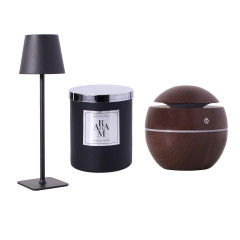 Combo Farma Hogar Vela Decorativa, Humidificador Difusor Ovalado Colores Surtidos y Lámpara de Luz Led Táctil Recargable