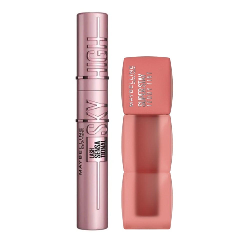 Combo Maybelline Máscara de Pestañas Sky High Very Black Washable y Labial Teddy Tint N°15 Skinny Dip