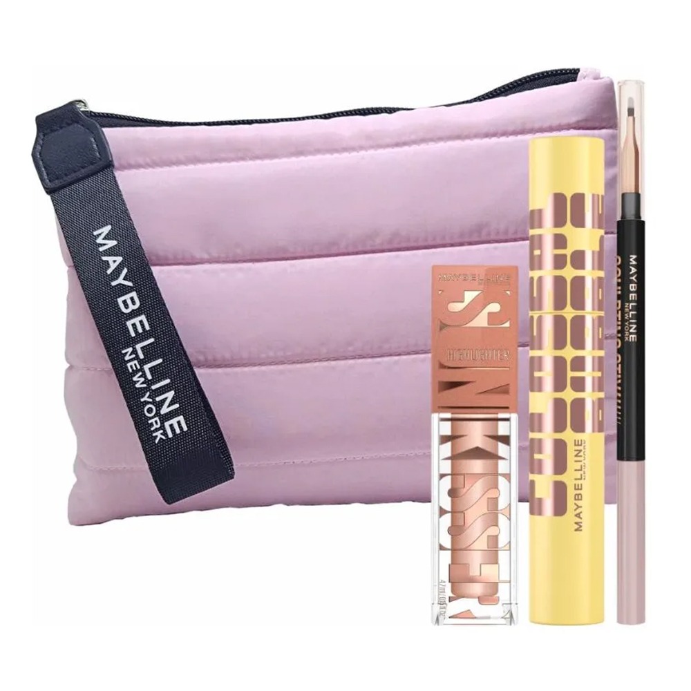 Combo Maybelline Máscara de Pestañas Colossal Bubble, Iluminador Sunkisser N°20 Kiss Of Shimmer, Delineador de Ojos Sculpting Stix N°016 Black Blur  y Neceser Rosa 