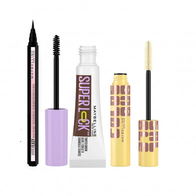 Combo Maybelline Máscara de Pestañas Colossal Bubble Washable Very Black, Gel Fijador de Cejas Super Lock Tono Deep Brown y Delineador de Ojos Hyper Easy Pitch Negro