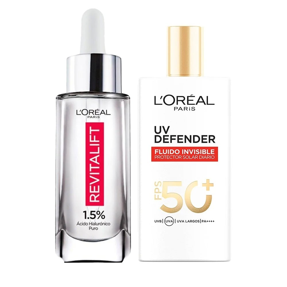 Combo L'Oréal Paris Dermo Expertise Protector Solar UV Defender Fluido Invisible FPS50+ y Sérum Revitalift Ácido Hialurónico