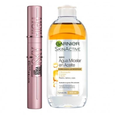Combo Máscara de Pestañas Maybelline Sky High Very Black Washable y Agua Micelar Bifásica Garnier Skin Active 400 ml