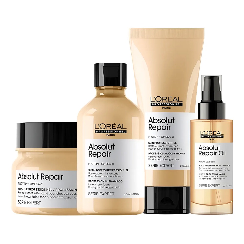 Combo L'Oréal Professionnel Absolut Repair Shampoo 300 ml, Acondicionador 200 ml, Mascarilla 250 ml y Aceite 90 ml