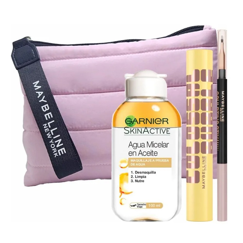 Combo Máscara de Pestañas Maybelline Colossal Bubble, Delineador de Ojos, Agua Micelar Garnier Bifásica y Neceser Rosa   
