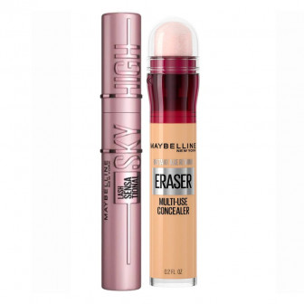 Combo Maybelline Máscara de Pestañas Sky High Very Black Washable y Corrector Instant Age Rewind Dark Circles N°130 Medium