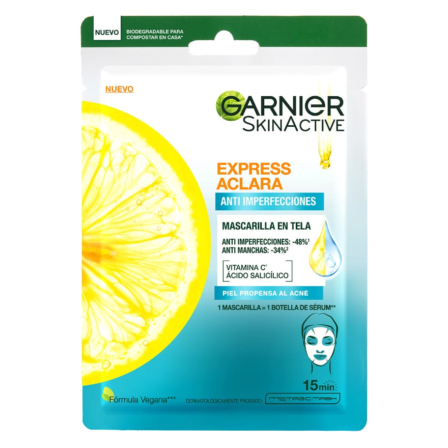 Mascarilla de Tela Garnier Skinactive Express Aclara Antiimperfecciones 1 Unidad