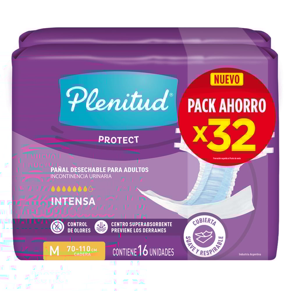 Empaque de 32 pañales para adultos Plenitud Protect talle M con protección total.