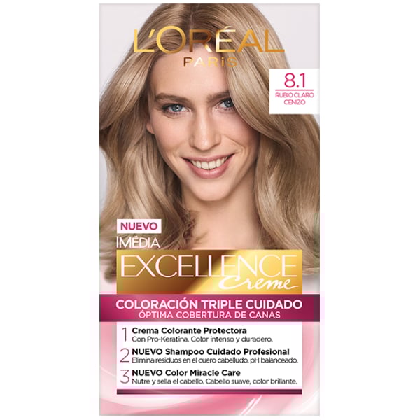 Tinta L'Oréal Paris Excellence Creme N°8.1 Rubio Claro Ceniza