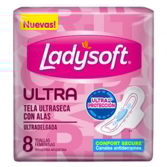 Toallitas Femeninas Ladysoft Ultradelgada Dual con Alas 8 Unidades