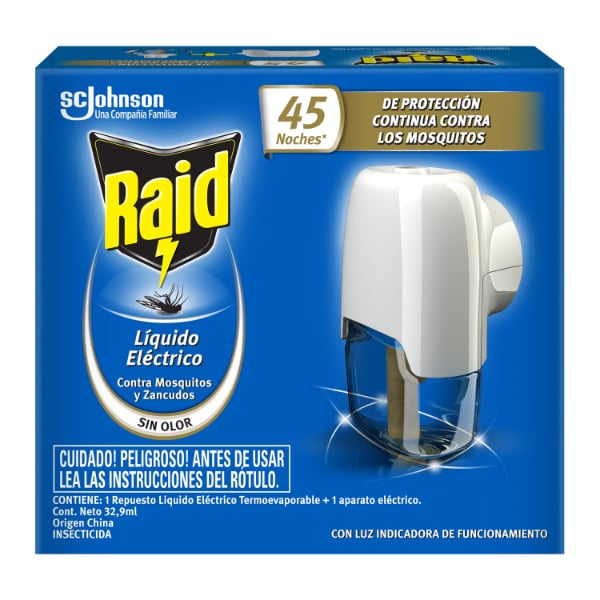 Aparato Eléctrico Insecticida Raid Líquido + Repuesto 45 Noches 32.9 ml