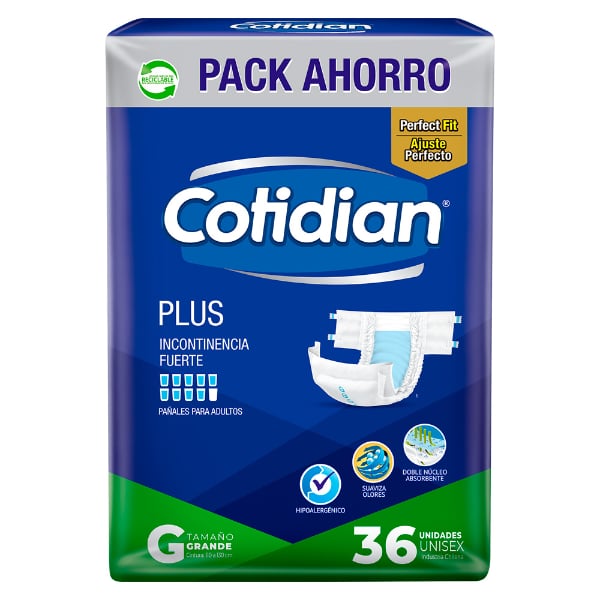 Paquete de 36 pañales para adultos Cotidian Plus talle Grande con absorción reforzada.