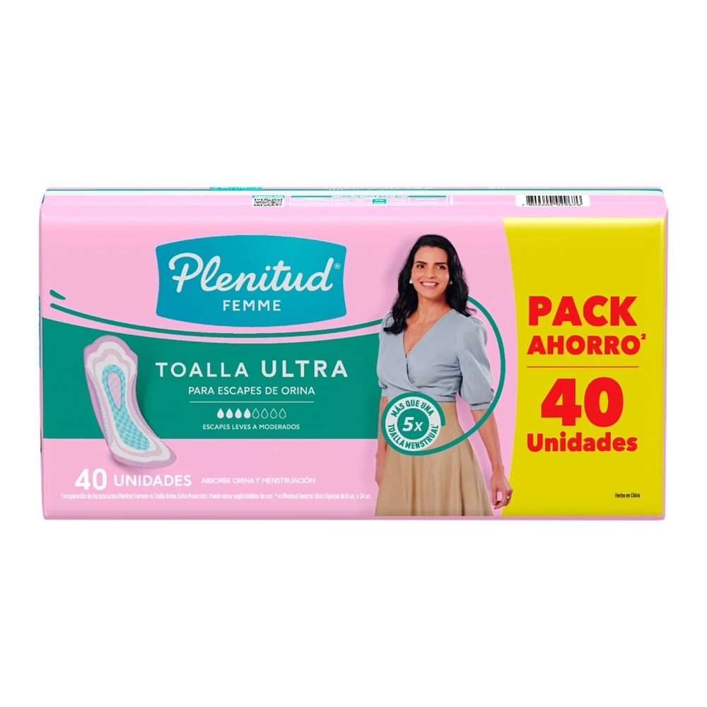 Toallas para Incontinencia Plenitud Femme Ultra sin Alas 40 Unidades 
