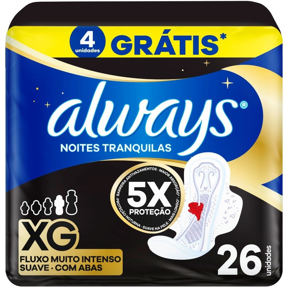 Toallitas Femeninas Always Nocturnas Plus con Alas XG 26 Unidades