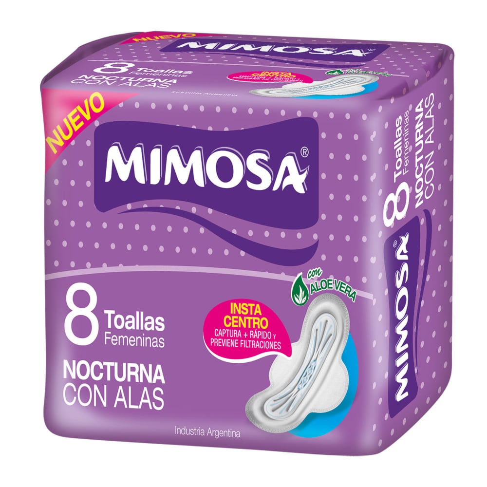 Toallitas Femeninas Mimosa Nocturnas con Alas 8 Unidades